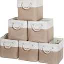 11 x 11 Inch Storage Cubes, 6 Pack Large Collapsible Fabric Storage Bin with Ropes, Foldable Storage Cubes for Home, Office,Closet, Clothes, Toys Organizer (White&Beige)