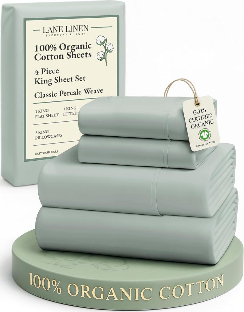 LANE LINEN 100% Organic Cotton Sheets King Size, 15" Deep Pocket Fully Elasticized Soft & Comfy Percale Bedding, Eco Friendly Naturally Temperature Regulating Cotton Sheets King- Cool Blue