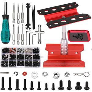 RC Car Repair Work Stand 532 PCS RC Repair Screws Set Kit 360 Degree Rotation RC Repair Station Screwdrivers Screws Pallet Kit for 1/8 1/10 1/12 1/16 1/18 RC Crawler Truck Buggy (Red)