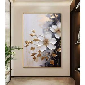3D Textured Flower Wall Art for Living Room, Hand-Painted White and Black Floral Oil Painting for Bedroom,Framed Large Floral Artwork for Office Home Decor 28x40 inches (28L" x 40W")