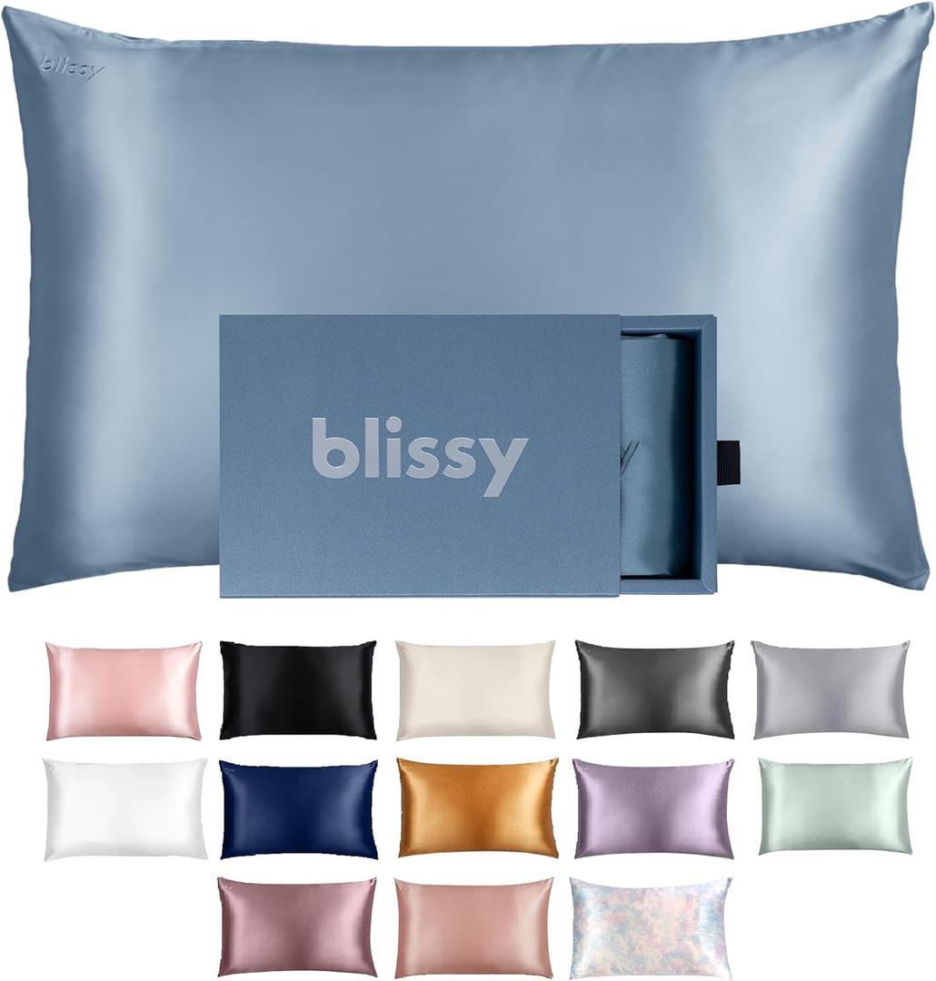 Blissy Silk Pillowcase - 100% Pure Mulberry Silk - 22 Momme 6A High-Grade Fibers - Silk Pillow Cover for Hair & Skin - Regular, Queen & King with Hidden Zipper (Standard, Ash Blue)