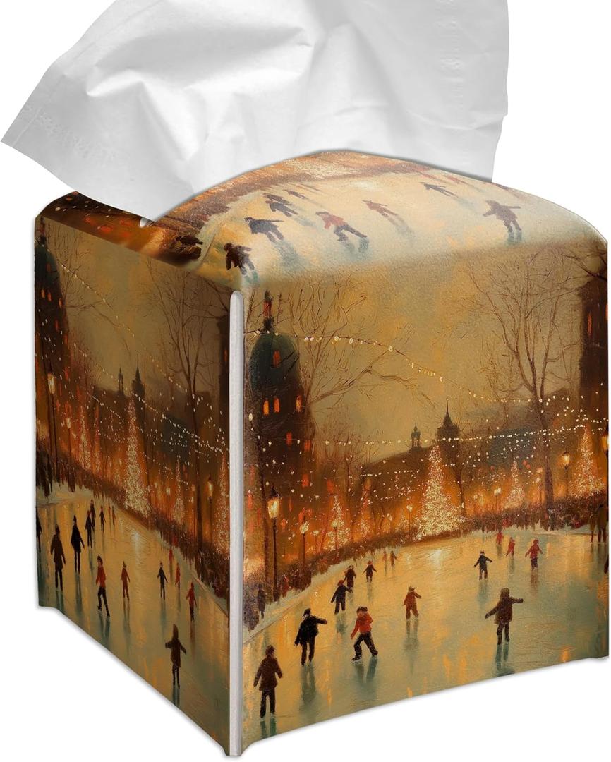 Grace Yonks Christmas Tissue Box Cover Square, Ice Skating Park at Night Design Cube Case for Facial Tissues, 5.2" PU Leather. (086)