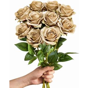 LFF 10Pcs Light Brown Rose Artificial Flowers, Faux Silk Roses with 21.2" Long Stems & 2.36" Large Blooms, Lifelike Fake Roses for DIY Wedding Bouquet Home Party Vase Filler Table Centerpiece Decor