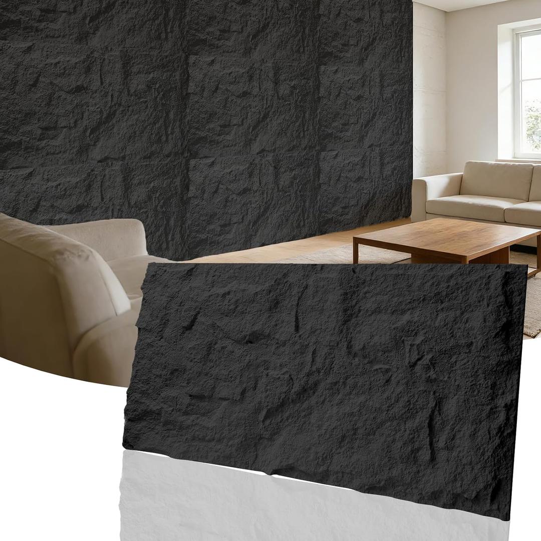 3D Faux Stone Wall Panels, 1.18" (30MM) Extra Thick PU Stone Panels for Interior Wall Decor, 4 Pack Waterproof Lightweight Cement Texture Accent Panels for Living Room, Office, 47.2" x 23.6", Black, 47.24"L x 23.62"W