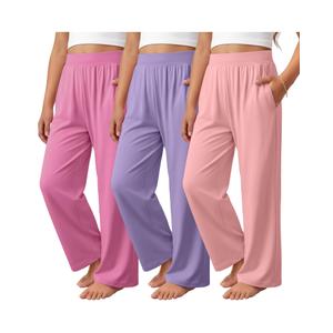 LessonZoo 3 Pack Girls' Pants with Pockets Wide Leg High Waist Teen Casual Sweatpants Kids Baggy Summer Joggers(Pink, Purple, Light Pink,5-6 Years)