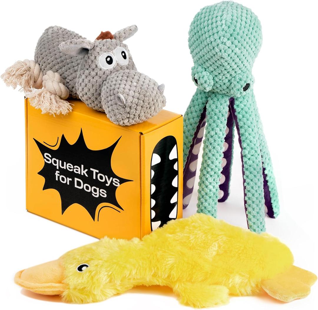 PetSpy Squeaky Stuffed Dog Toy Pack - 3 Dog Chew Toys for Large, Medium, Small Dogs and Puppies- Rope Donkey, Plush Octopus, Crinkle Duck Toy - Pet Supplies Toys for Dogs to Keep Them Busy