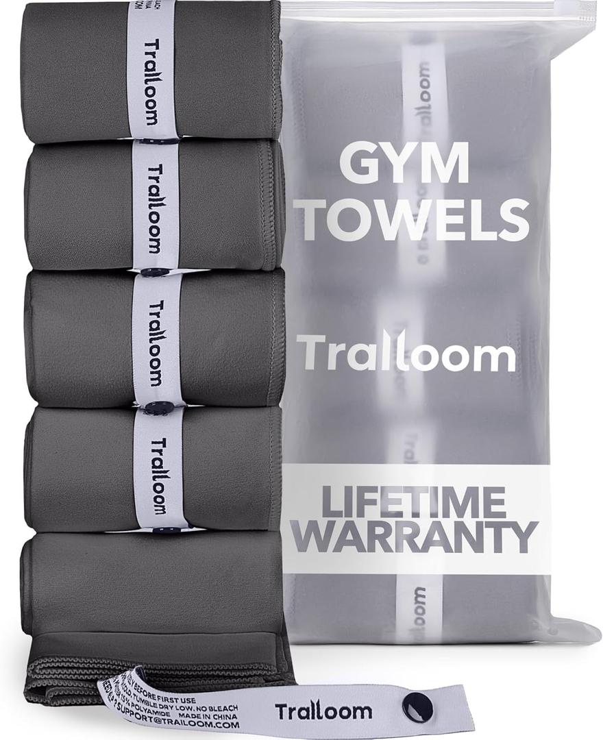 Trailoom Microfiber Workout Towels - Quick Dry, Highly Absorbing, Odor-Free, for Men & Women - Gym Sweat Sports Towel for Hot Yoga, Tennis, Running, Exercise, Working Out, Camping, Set of 5 Dark Gray