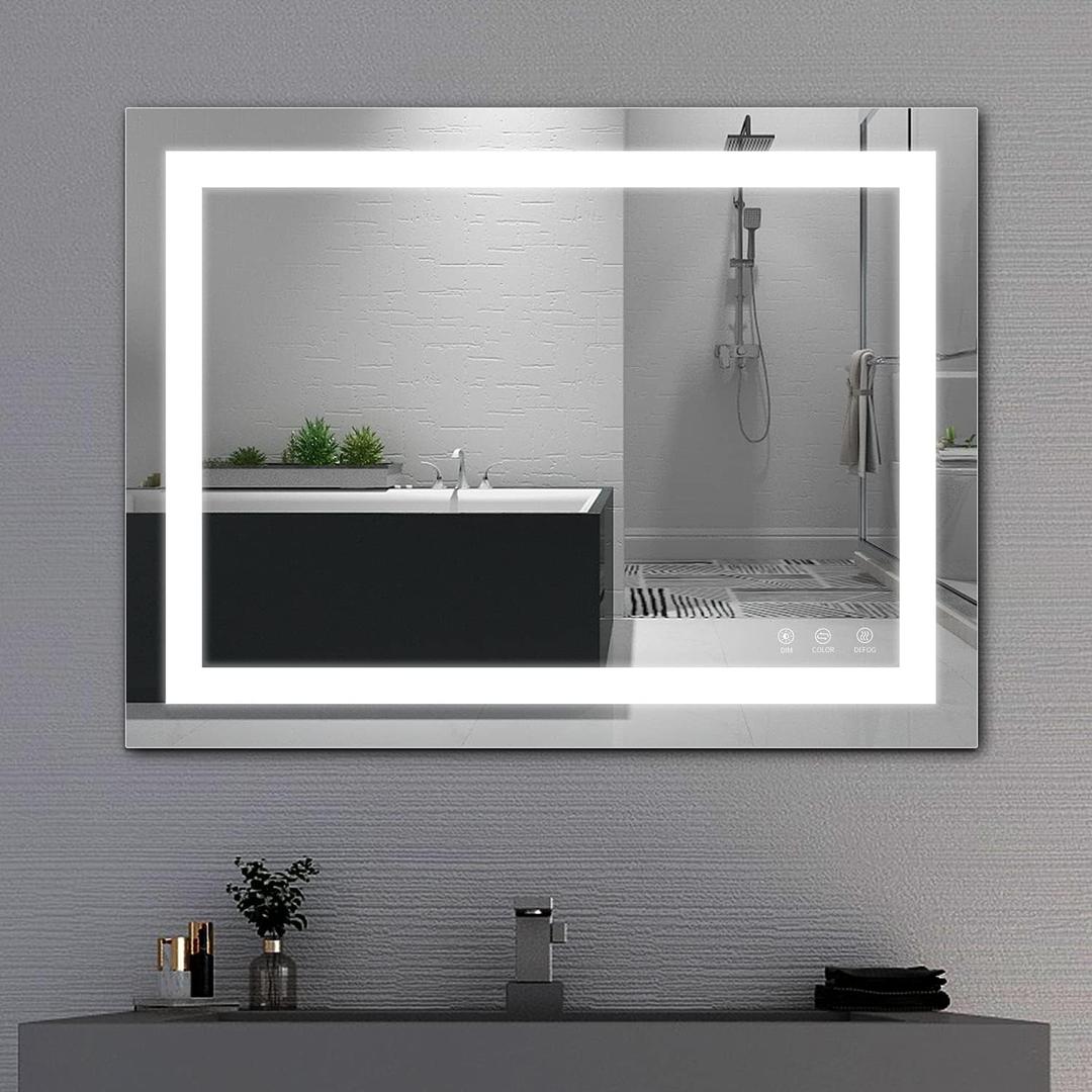LED Bathroom Mirror, 32x24 Inch Bathroom Vanity Mirror Wall Mounted with 3000K-6000K Adjustable, Anti-Fog, Smart Touch Button, Stepless Dimmable Lighted Makeup Mirror, Horizontal/Vertical