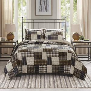 Madison Park Reversible Quilt Cabin Lifestyle Plaid Design - All Season, Breathable Coverlet Bedspread Bedding Set, Matching Shams, Timber Black/Brown King/Cal King(104"x94") 3 Piece