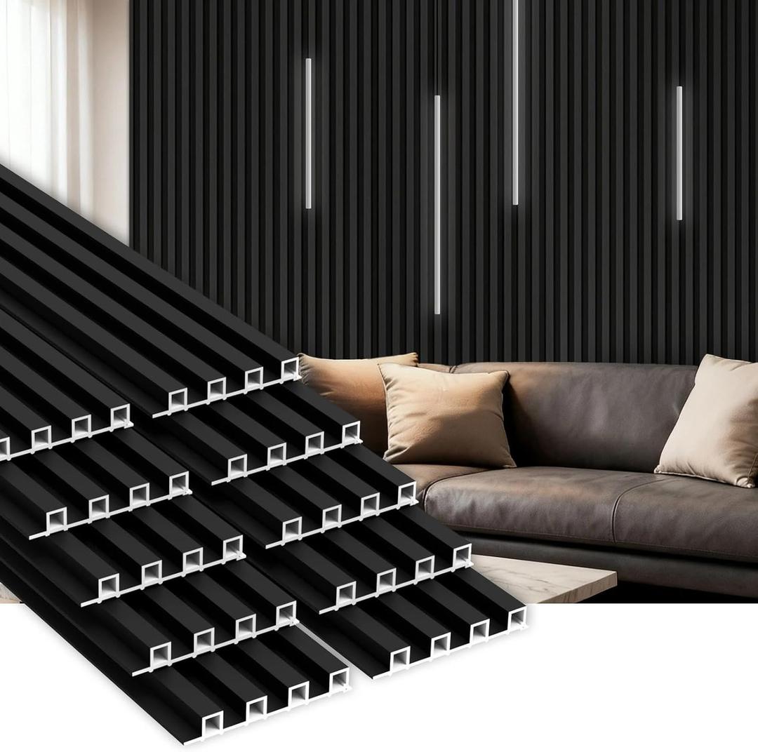 10Pack WPC Slat Wall Panels, 96 x 6.4 x 0.8Inches 3D Accent Wall Panels for Interior Home Decor, Fluted Wood Paneling for Living Room, TV Background, Office, Bedroom (Matte Black)