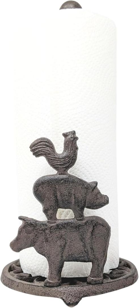 Cast Iron Farm Animals Paper Towel Holder - Freestanding Metal Paper Towel Holder for Kitchen Countertop and Bathroom - Home Decor and Farmhouse Kitchen Accessories