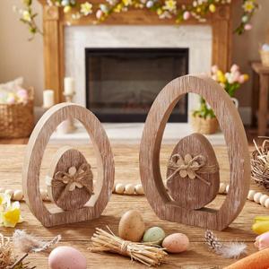 RattanView 2 Pcs Easter Wood Egg Decorations 5.91 Inch Rustic Retro Wooden Standing Decor with Egg Hollow Tabletop Figurine for Spring Home Gifts Tiered Tray Farmhouse Party Fireplace Shelf