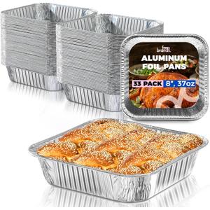 Fit Meal Prep 33 Pack 8x8 Aluminum Foil Square Baking Pans - 8 Inch Disposable Cake Pans, Foil Tins, Takeout Food Container for Baking, Cooking, Roasting, Heating, Storing and Meal Prep