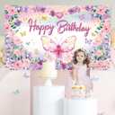 Butterfly Birthday Banner Backdrop Pink Purple Happy Birthday Girl Baby Shower Fairy Spring Party Background Butterfly Decorations 5.9 x 3.6ft