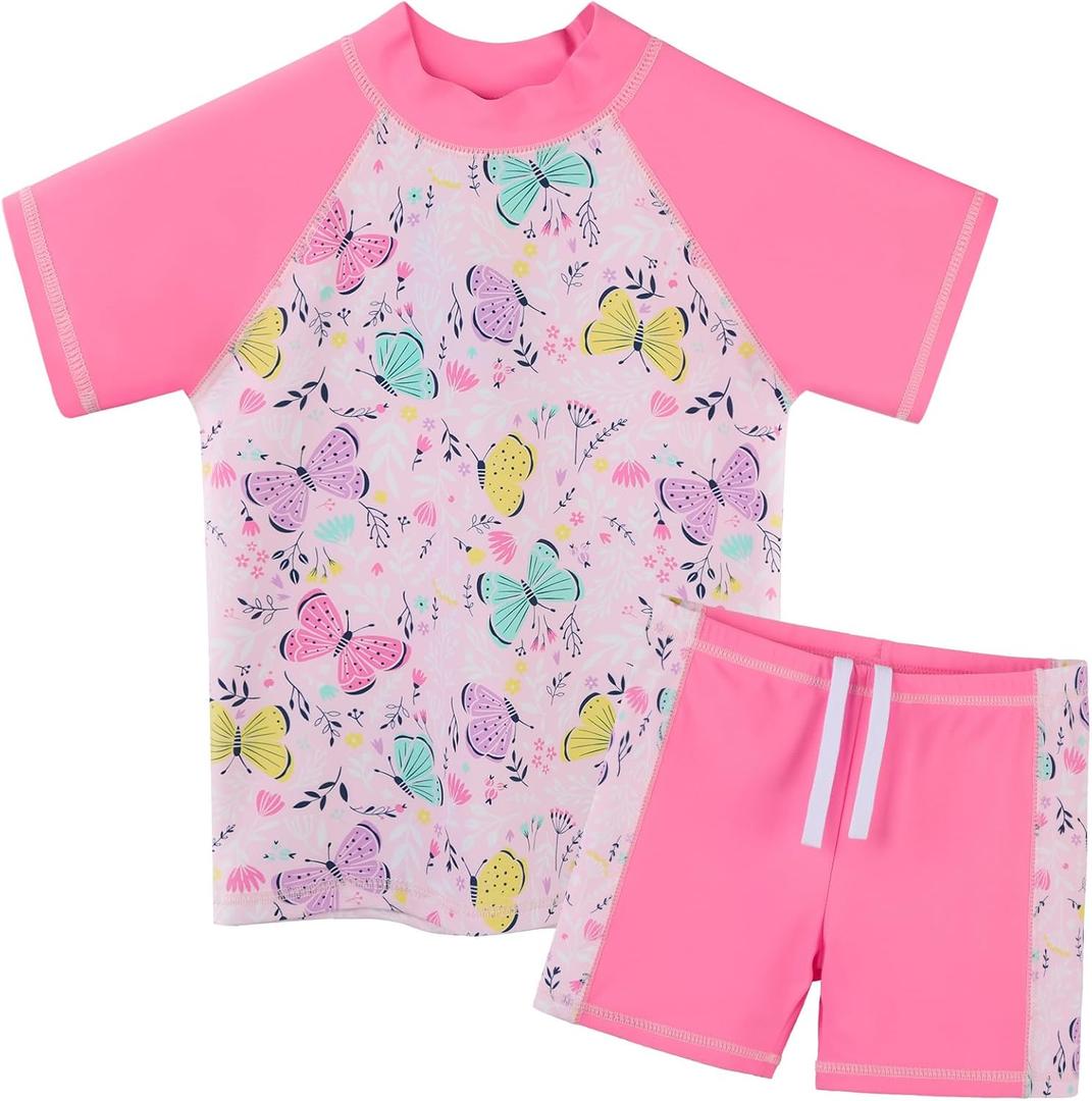 Girls Two Piece Swimsuit Floral UPF 50+ Rash Guard Set Kids Beach Swimwear (5-6 Years, Pink Butterfly)