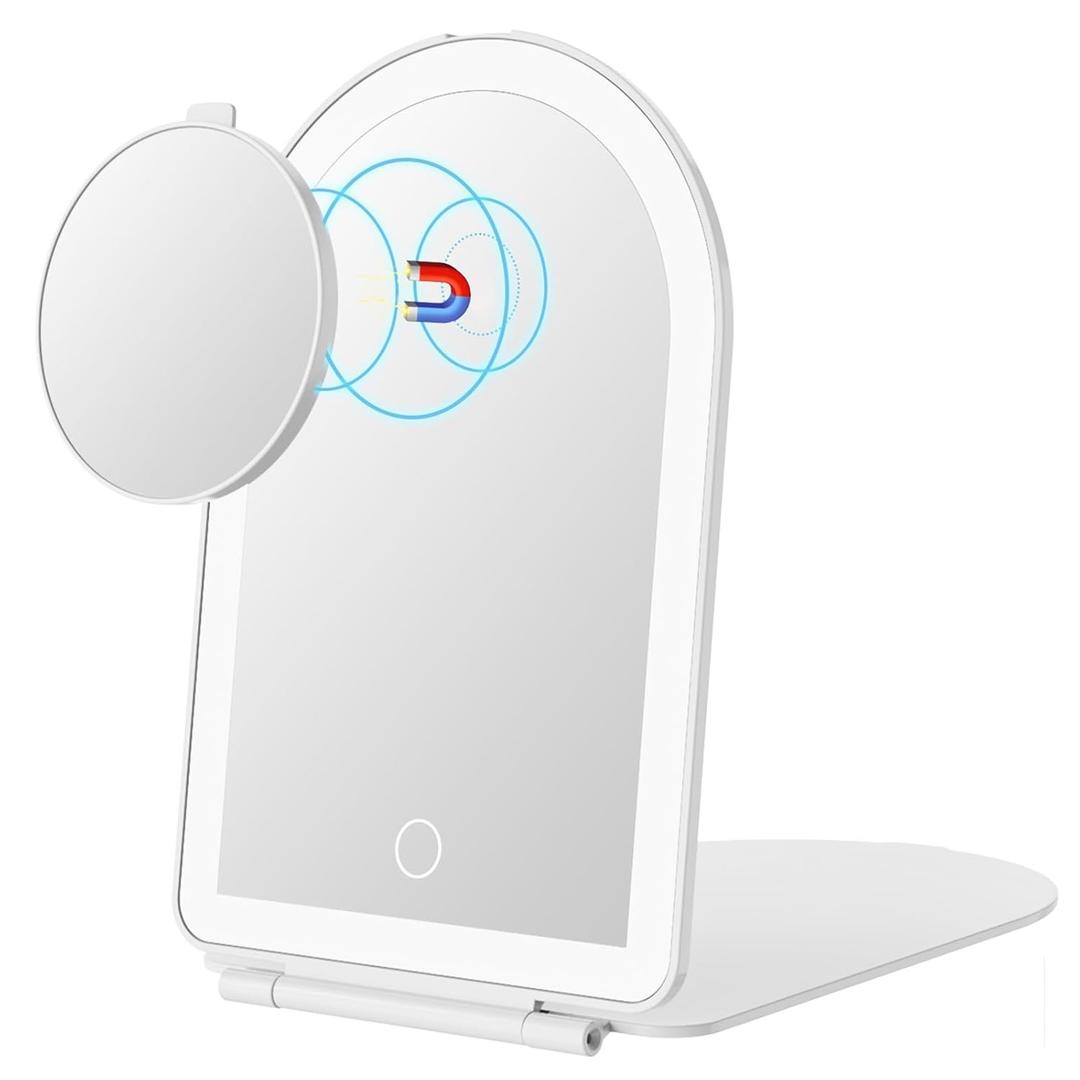 FUNTOUCH Rechargeable Travel Makeup Mirror with Lights,Portable Lighted Compact Mirror with Small 10X Magnification,3 Color Lighting, Dimmable Touch Screen, Tabletop LED Folding Cosmetic Vanity Mirror