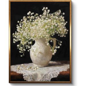 InSimSea Gold Framed Vintage Wall Art, Elegant Babys Breath Bouquet Still Life On Premium Canvas, Soft Neutral French Country Decor, Classic Botanical Artwork For Bedroom, Kitchen Decor 12"x16"