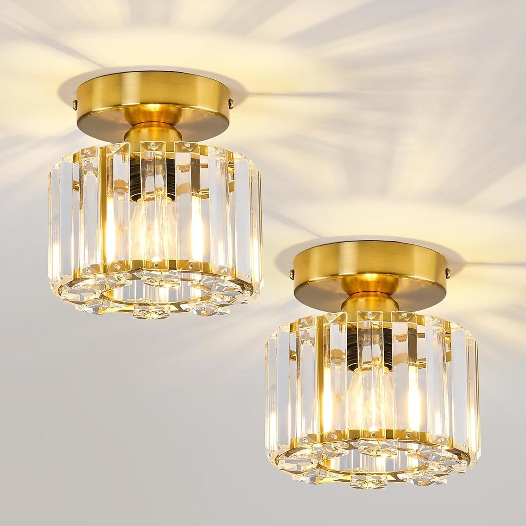 2 Pack Small Crystal Semi Flush Mount Ceiling Light Fixture Modern Gold Mini Round Chandelier Metal E26 Ceiling Lamp for Hallway Bathroom Entryway Kitchen Closet