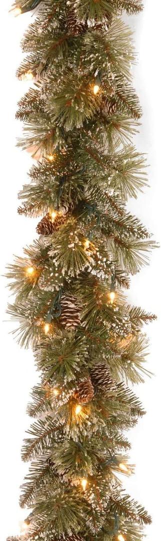 National Tree Company 6 ft Pre-Lit Glittery Bristle Artificial Christmas Garland, Christmas Decoration with Pinecones, 50 Warm White LED Lights, 138 Tips, Timer, Green
