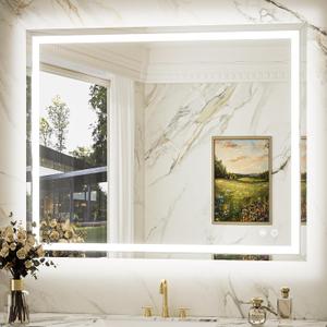 Keonjinn 42 x 36 Inch Beveled LED Bathroom Mirror with Frontlit & Backlit, Anti-Fog Lighted Mirrors for Bathroom Wall, Dimmable 3-Color Temperature, HD Tempered Glass Wall Mirror for Modern Bathroom