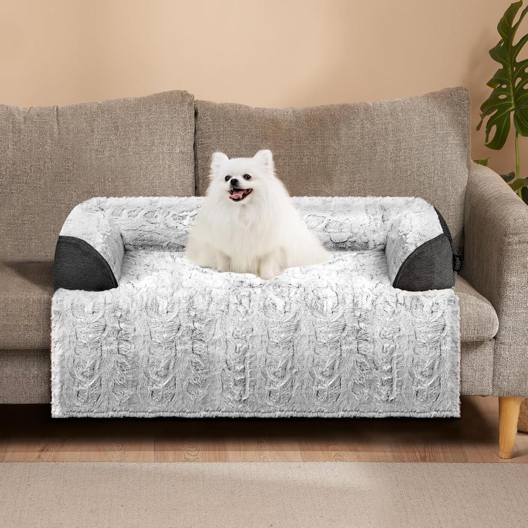 blunique Calming Small Dog Bed for Couch, 35 x 31 inch Removable Couch Cover for Dogs Washable, Non-Slip Fluffy Plush Dog Sofa Mat for Furniture Protector - Grey