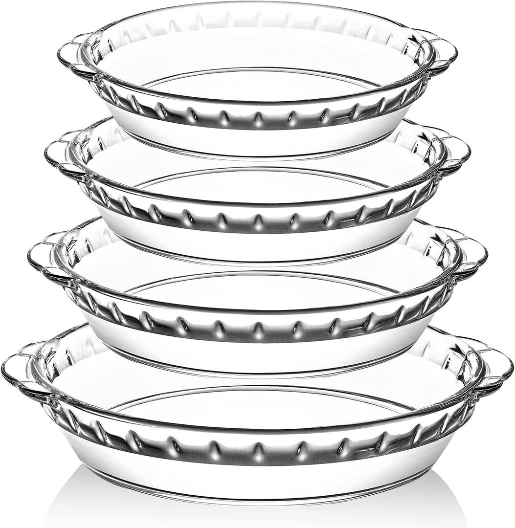 4 Packs Glass Pie Plates, MCIRCO Deep Pie Pans Set (7"/8"/9"/10"), Pie Baking Dishes with Handles for Baking and Serving, Clear