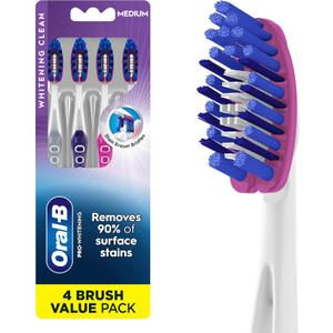 Oral-B 3D White Deep Stain Remover toothbrushes, 4 Count Toothbrush Medium, Removes 90% of Surface Stains, whitens Teeth, deep Reach, removes Plaque and Stains Tooth Brush (Multicolor)