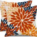 DFXSZ Orange Blue Flower Pillow Covers 18x18 Inch Set of 2 Fall Throw Pillows Outdoor Waterproof Decor for Living Room Sofa Patio Funiture Garden Floral Polyester Pillow Covers 012C18