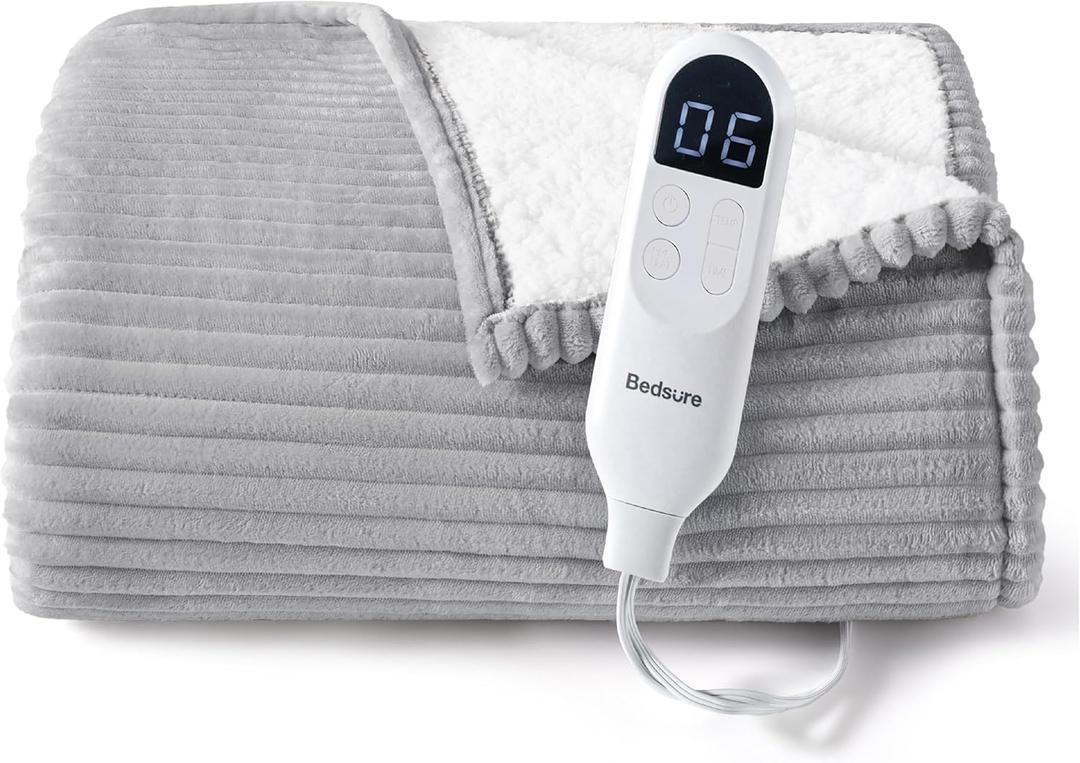 Bedsure GentleSoft Heated Blanket Throw - Soft Ribbed Flannel Electric Blanket, Heating with 6 Time Settings (Up to 10H), 6 Heat Settings & 8Hr Timer Auto Off, Gifts for Grandma (50"x60", Light Grey)