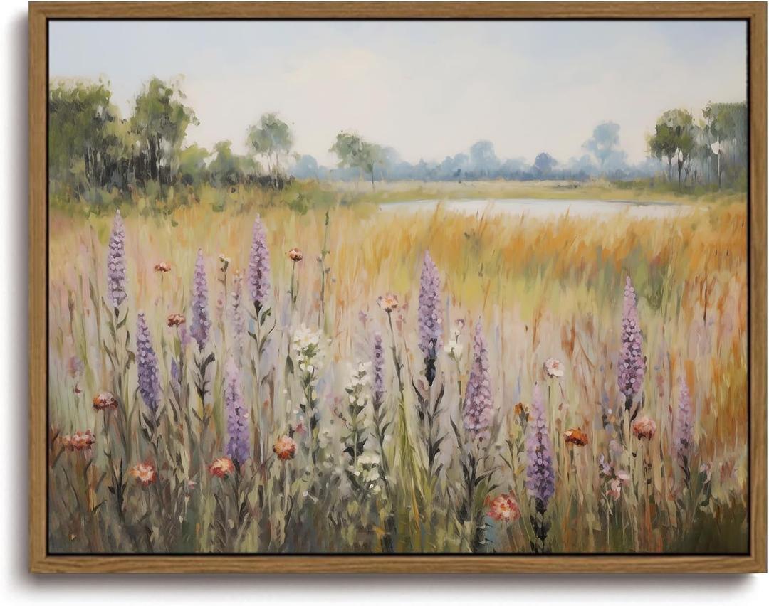 KISSFOX Vintage Framed Wall Art Decor Countryside Landscape Pictures Wall Decor Rustic Wildflower Paintings Scenery Canvas Art Prints Modern Farmhouse Artwork For Bedroom Kitchen Living Room (8x10 in, Lavender)