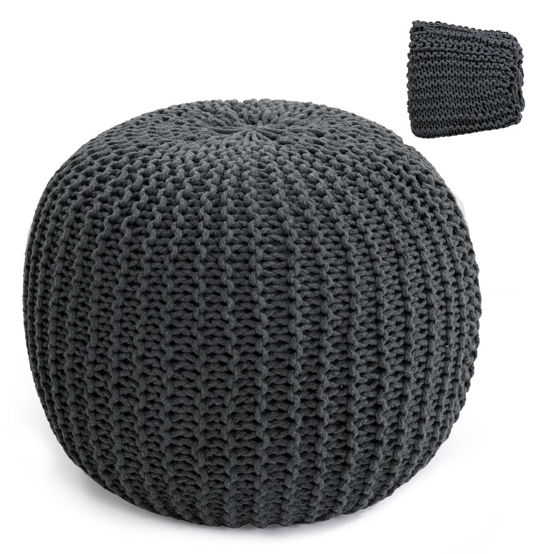 HOMBYS Unstuffed Ottoman Pouf Cover, 100% Cotton Handmade Knitted Ottoman Pouf Cover Round Foot Stool, Floor Bean Bag Chair, Foot Rest with Storage for Living Room Bedroom, Grey(Cover ONLY NO Filler)