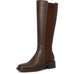 TEAIEUI Knee High Boots for Women Flat Square Toe Chunky Block Low Heel Side Zipper Soft-Soled Tall Long Boots