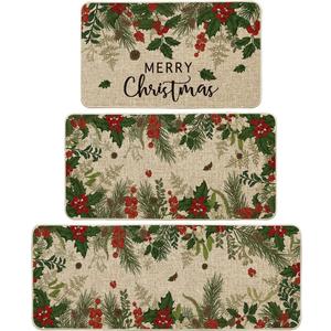 Artoid Mode Leaves Holly Merry Christmas Kitchen Mats Set of 3, Winter Home Decor Low-Profile Kitchen Rugs for Floor - 17"x29"+17"x36"+17"x47" (Green/Beige)