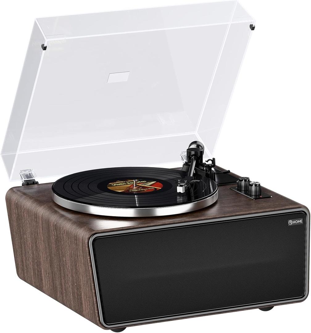All in One Vinyl Record Player,Bluetooth Turntable Built in 4 Stereo Speakers Phono Preamp,High Fidelity Turntables for Vinyl Records with Magnetic Cartridge AT-3600L MM,Belt Drive 2-Speed,33/45 RPM (Black Walnut Wood)