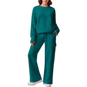 PINSPARK 2 Piece Sets for Women 2025 Fleece Sweatsuits Oversized Sweatshirts Wide Leg Cargo Sweatpants with Pockets Thumbhole (Small, Green Jade)