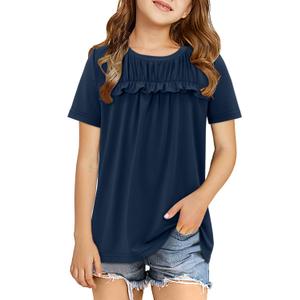 2 x storeofbaby Navy Blue Tops for Girls Tween Short Sleeve Tee Casual Flowy Solid Shirts (Blue, L)