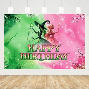 MEHOFOND 7x5ft Pink and Green Birthday Banner Backdrop, Wicked Birthday Decorations, Witch Themed Happy Birthday Party Decor, Princess Girls Women Magic Cake Smash Photo Studio Props