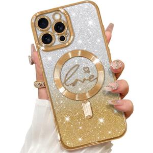 ZIYE Magnetic Case for iPhone 16 Pro Max 6.9" [Compatible with MagSafe] Glitter Bling Luxury Hearts Design Cover for Women Girly, Soft TPU Shockproof Protective Case for 16 ProMax 5G 2024, Gold
