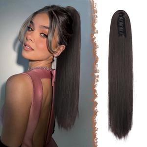 FESHFEN Claw Ponytail Extensions - Long Straight Ponytails for Women Dark Brown Hairpieces Synthetic Hair Pony Tails Extension Clip in Hairpiece, 25 inch