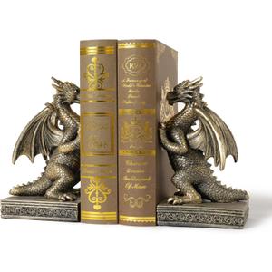 Dragon Statue Decorative Bookends for Shelves, Antique Gold Dragon Statue Home Office Decoration, Fantasy Dragon Figurine Enthusiasts Gifts