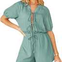Fixmatti Women Summer Romper - Self Tie V Neck Casual Jumpsuit (Green, M)