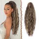 FESHFEN Claw Clip Ponytail Extensions, Long Pony Tail Hair Piece Wavy Curly Synthetic Hairpieces for Women, Chestnut Brown Mixed Ash Blonde 26 inch