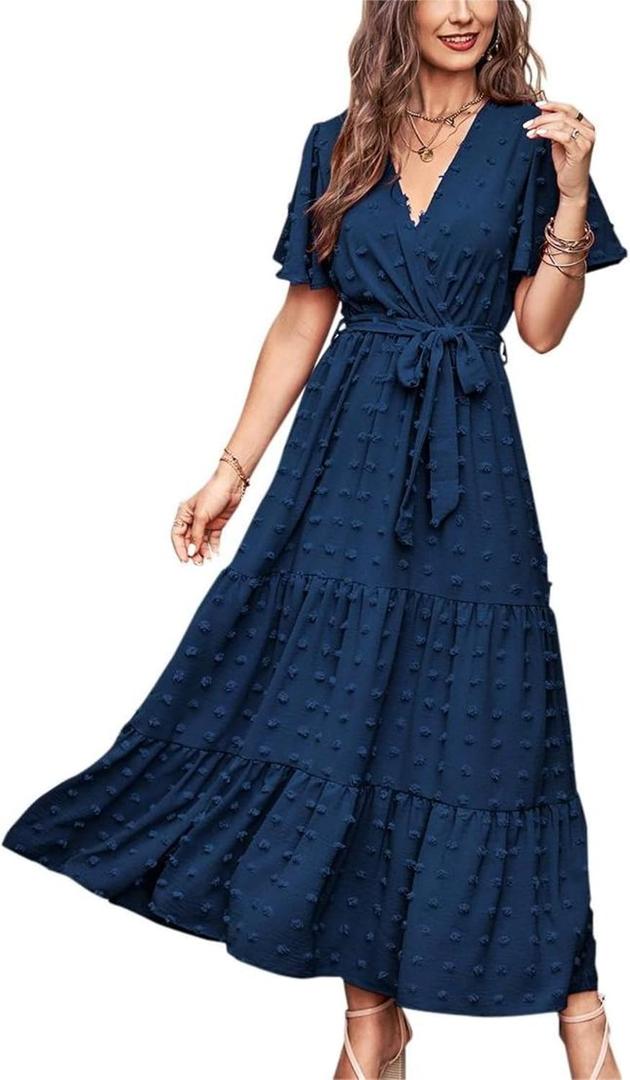 MASCOMODA Womens Summer Swiss Dot Maxi Dresses Wrap V Neck Flutter Short Sleeve Boho Casual Flowy Long Wedding Guest Dress (Blue, L)