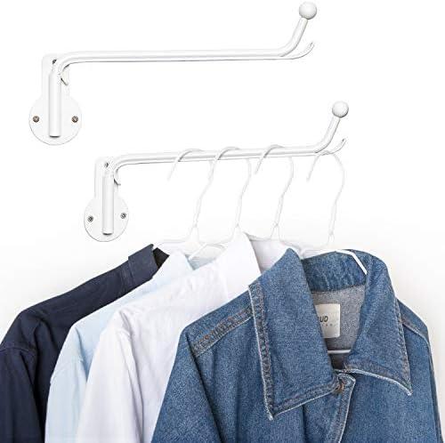Mkono Wall Mounted Clothes Hanger with Swing Arm Holder Valet Hook Metal Hanging Laundry Drying Rack Space Saver for Closet Organizer, Laundry Room Organization Bathroom, Bedroom, 2 Pcs, White