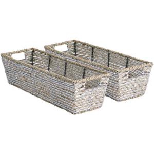 DII Trapezoid Seagrass Metallic Basket, 16x5x4-Set of 2, Silver (Long Tray Set)