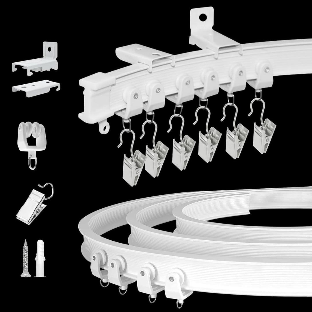 KOLAKO Ceiling Curtain Track, Curtain Track Wall Mount - Two Ways To Install, 16Ft Curtain Rails Room Divider Flexible Sliding Curved Curtain Track System for Rv Shower Curtain Rods (White)