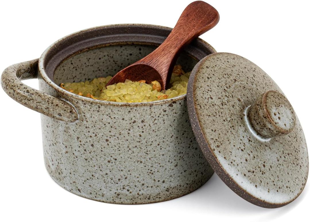 Honeydak Speckled Ceramic Salt Cellar with Lid and Wooden Spoon, Rustic Farmhouse Salt Pepper Cellar Holder for Valentines Day,Housewarming Gift, Heavyweight Spices Jar(Light Gray,1 Set)
