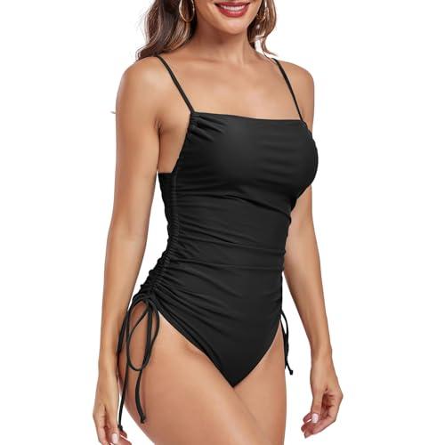 Zando Swim Suits for Women 2024 Tummy Control Bathing Suits Shapewear Swimsuit Halter Sexy One Piece Swimsuit Square Neck Cute Modest Vintage Slimming Retro Ruched Swimwear Black 4-6