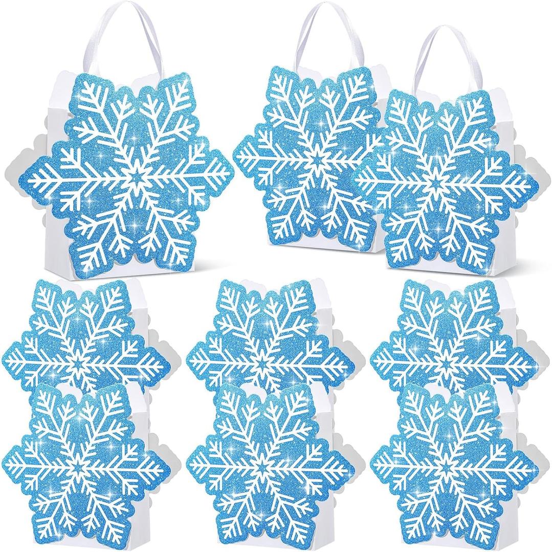 Kolldenn 24 Pcs Snowflake Party Favors Bags Glitter Small Wonderland Paper Winter Goodie Bags with Handle for Candy Treat Gift Winter Holiday Birthday Christmas Party Supplies