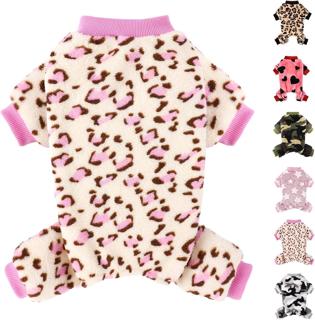 Dog Sweater Dog Pajamas for Small Dogs Girl Boy Super Soft Warm Small Puppy Sweater Pjs Cute Pet Clothes Doggie Jumpsuits Fleece Puppy Onesies Outfits for Chihuahua Yorkie, Purple Leopard, M (Medium (Chest 17in ))